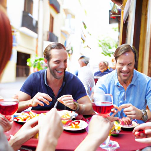 Một nhóm người thưởng thức bữa ăn và rượu tại một quán cà phê ven đường ở Tây Ban Nha