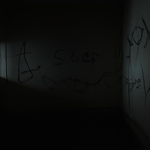 Một căn phòng đen tối, bí ẩn với những chữ viết kỳ lạ trên tường.